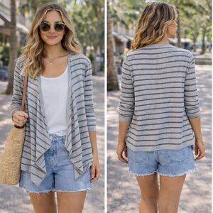 LOFT Gray Stripe Waterfall Front Short Cardigan Cotton Small Beach Lightweight